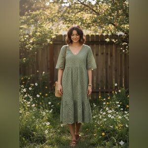Vanessa Zani Elegant Green Eyelet Midi Dress Size L 100% Cotton